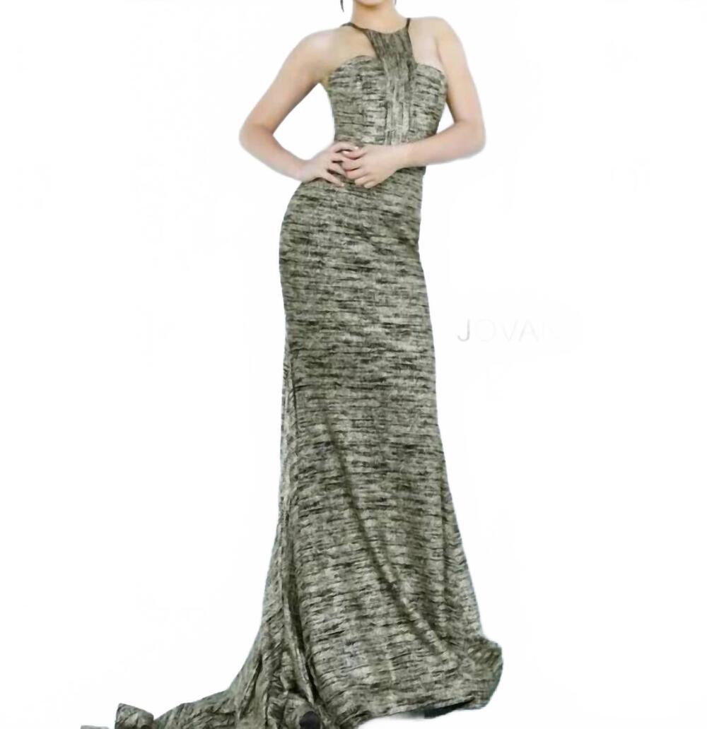NEW JOVANI form fitting high halter gown in gold/black